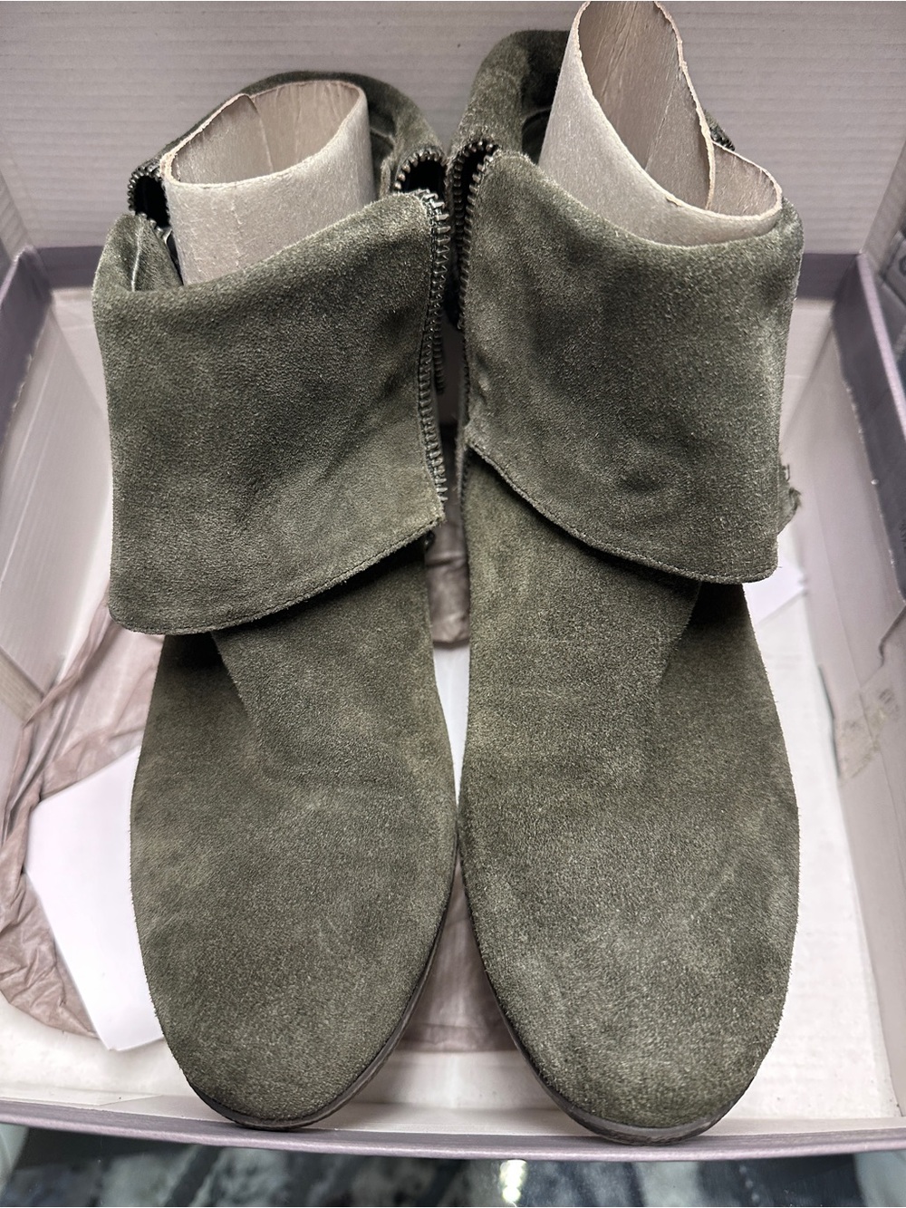 me too Olive Suede Fold-Over Ankle Booties